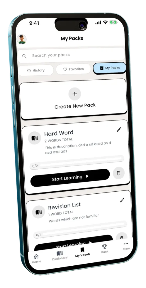 VocabMate Pro custom vocabulary pack creation with My Packs feature
