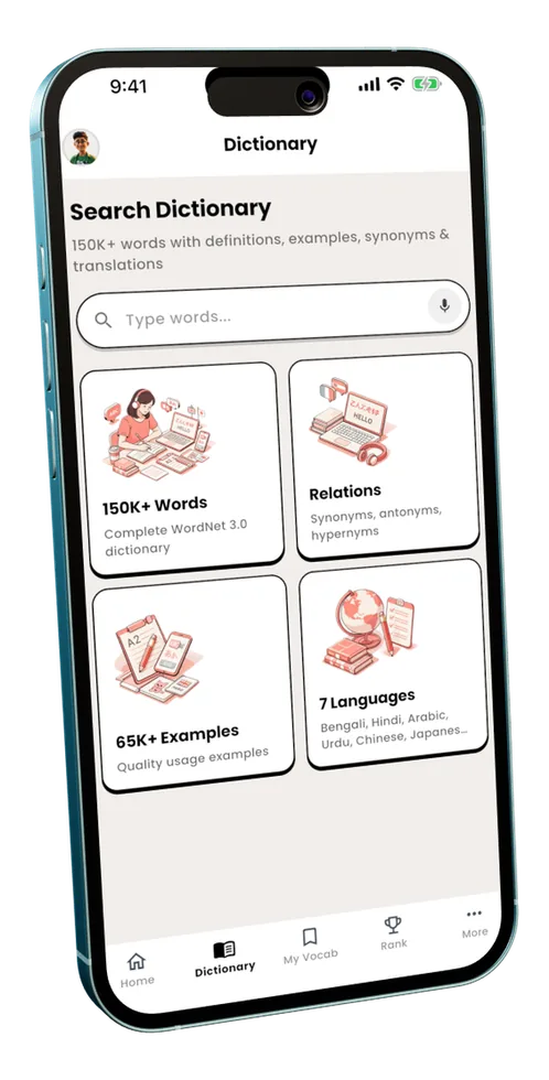 VocabMate Pro dictionary showing 150K words with definitions, synonyms, and examples