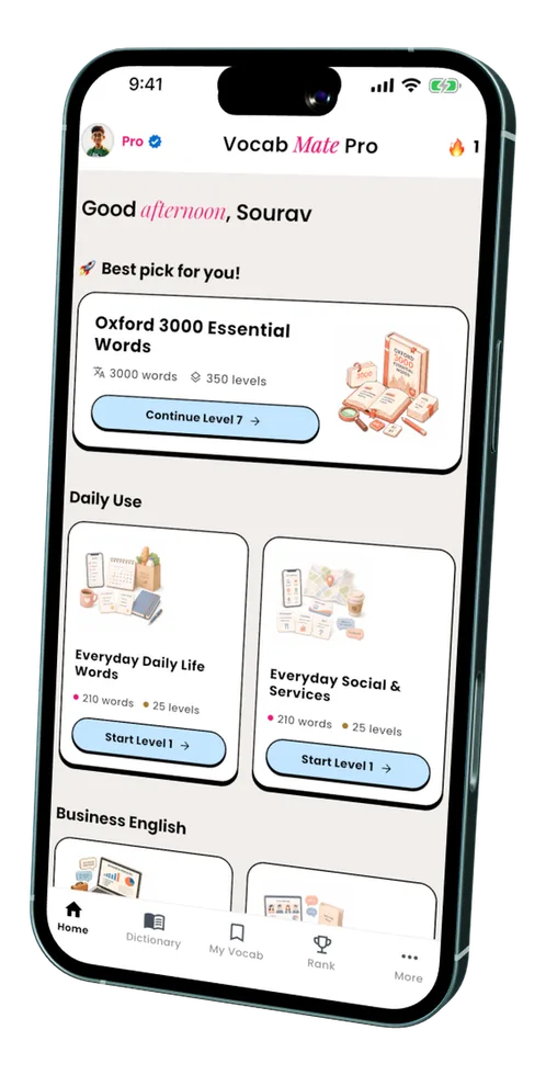 VocabMate Pro app showing Oxford 3000 vocabulary pack with IELTS and GRE learning resources